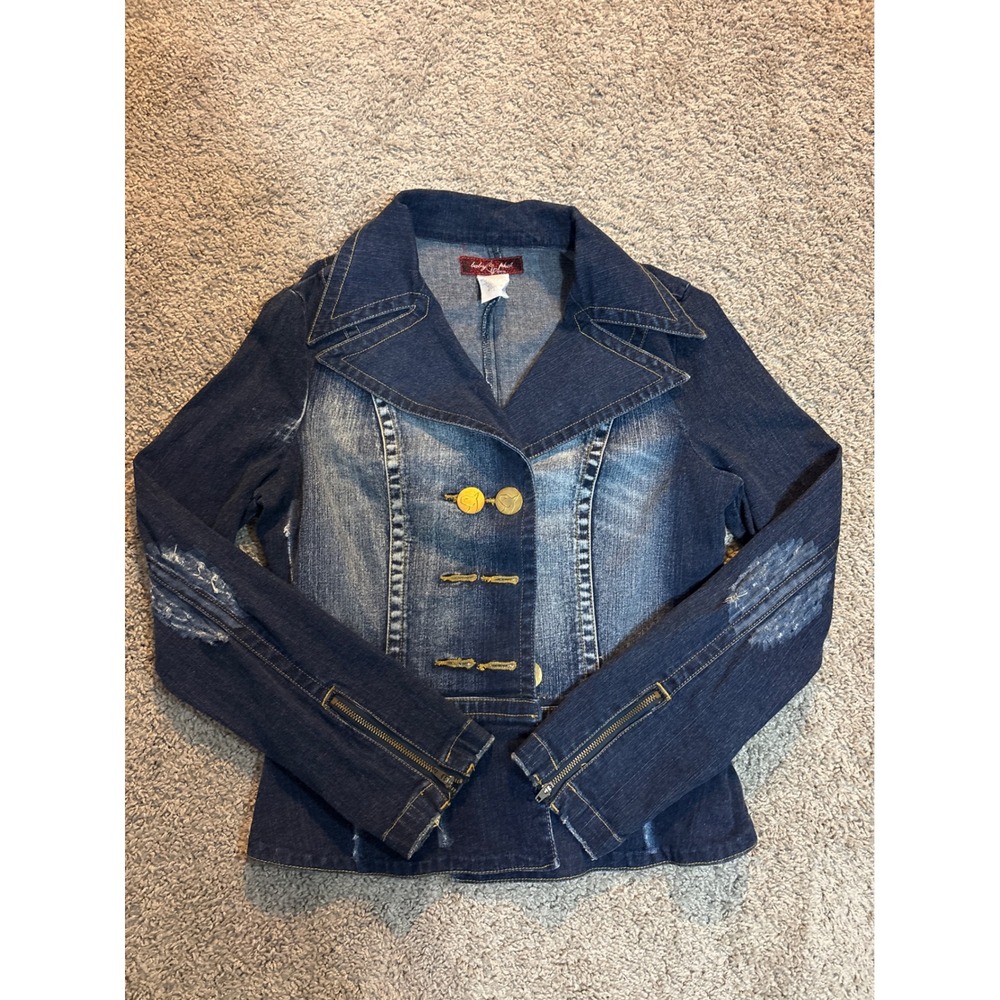 Baby Phat Denim Jacket Womens Large Blue Distressed Y2K Gold Logo A1E0210W